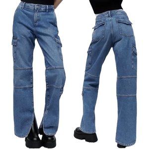 Zara Split Cargo in Mid-Blue Straight Leg Ankle Slit Jeans Denim Women’s Size 4